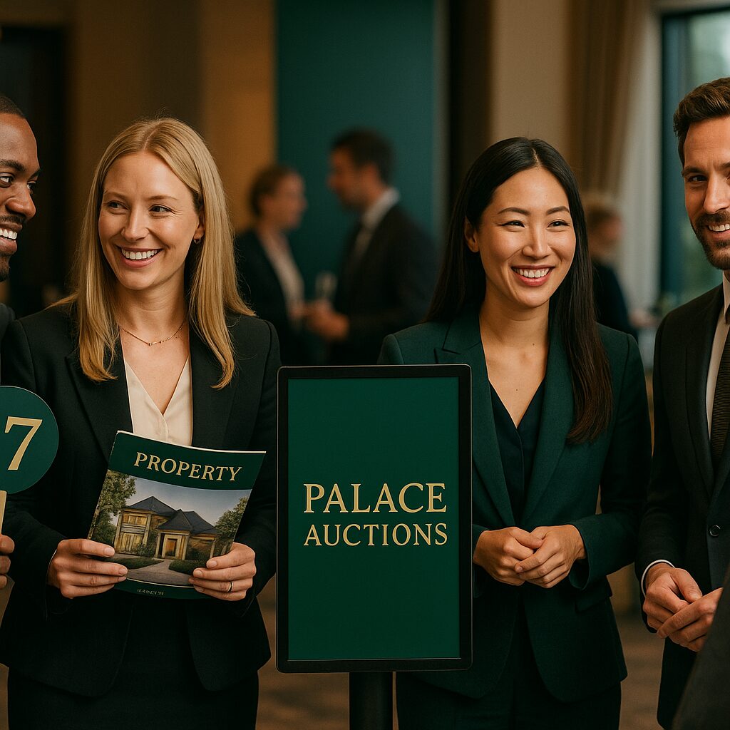 Property for sale Four professionally dressed people stand smiling at a 2025 auction event. One person holds a "Property" brochure, another holds a sign with the number 7, and a sign reads "Palace Auctions. Presented by Palace Auctions