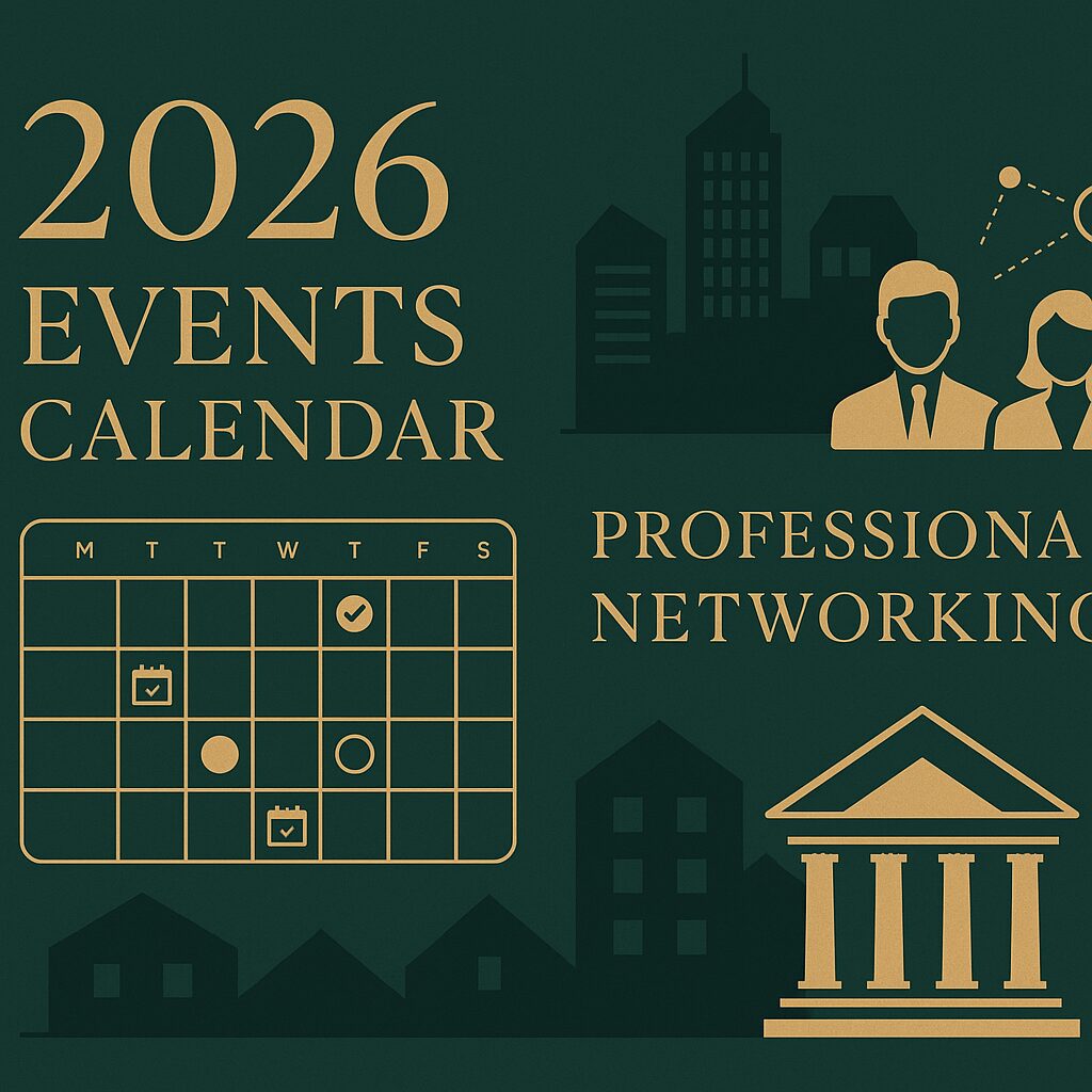 Property for sale 2026 events calendar for professional networking and property industry events, featuring icons of a calendar, business people, city buildings, and a government-style building on a dark green background. Presented by Palace Auctions