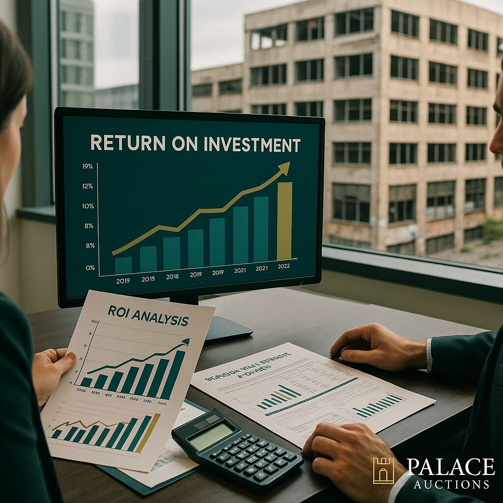 Property for sale Two people in business attire sit at a desk reviewing financial charts showing rising ROI, related to Court-Appointed Receivership, on paper and a computer monitor. A calculator and documents are on the desk, with "Palace Auctions" logo visible in the corner. Presented by Palace Auctions