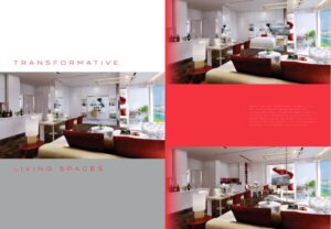 Property for sale Modern, open-plan living and dining area in a Safa Two DAMAC apartment with floor-to-ceiling windows, red and beige furniture, stylish lighting, and sleek décor. The space is featured twice with blocks of red and gray text overlay. Presented by Palace Auctions