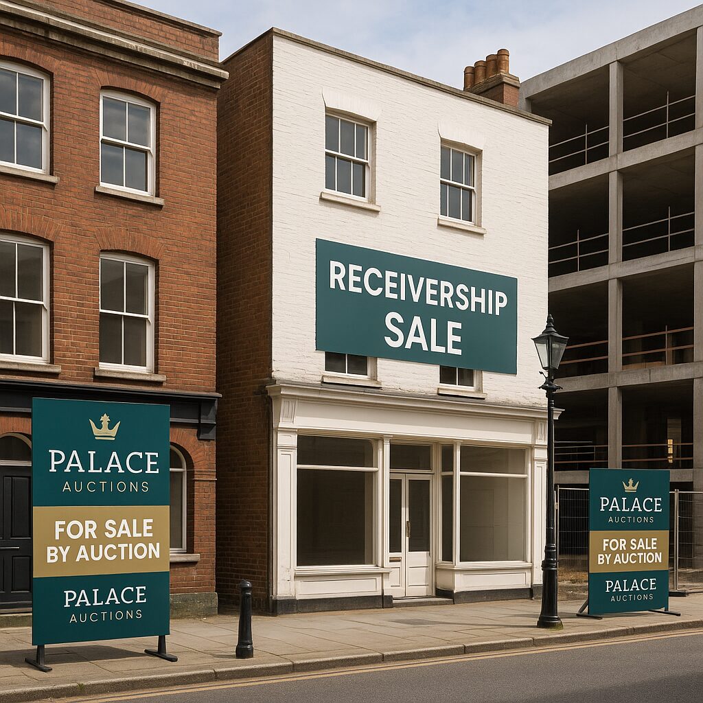 Property for sale A vacant white building displays a large "Receivership Sale" sign above the entrance, indicating a Court-Appointed Receivership, with multiple "Palace Auctions For Sale By Auction" signs on the sidewalk. Adjacent buildings are visible on both sides. Presented by Palace Auctions