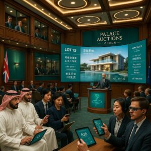 Property for sale A diverse group in business attire participates in a high-tech auction, bidding on a modern house displayed on digital screens labeled "Palace Auctions London," as the process of Buying at Auction is explained. Presented by Palace Auctions