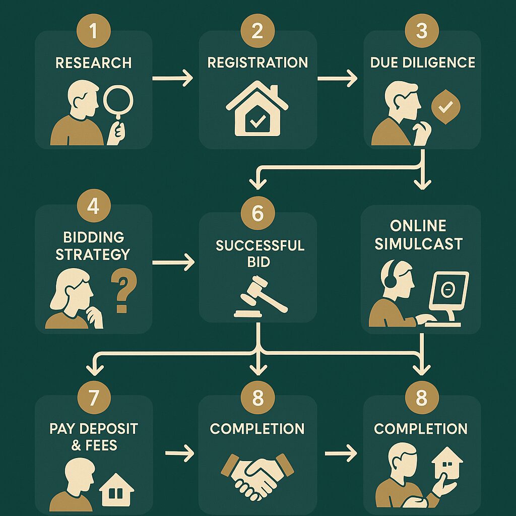 Property for sale A flowchart with eight steps of Buying at Auction explained: research, registration, due diligence, bidding strategy, online simulcast, successful bid, pay deposit and fees, and completion. Icons illustrate each step. Presented by Palace Auctions