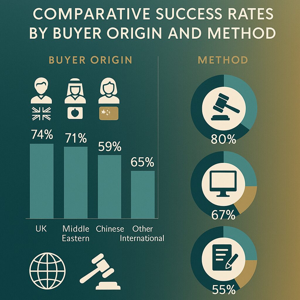Property for sale Infographic showing buyer success rates: UK 74%, Middle Eastern 71%, Chinese 59%, Other International 65%. By method: auction 80%, private sale 67%, sealed bid 55%. Icons and "Buying at Auction explained" tips included for each category. Presented by Palace Auctions