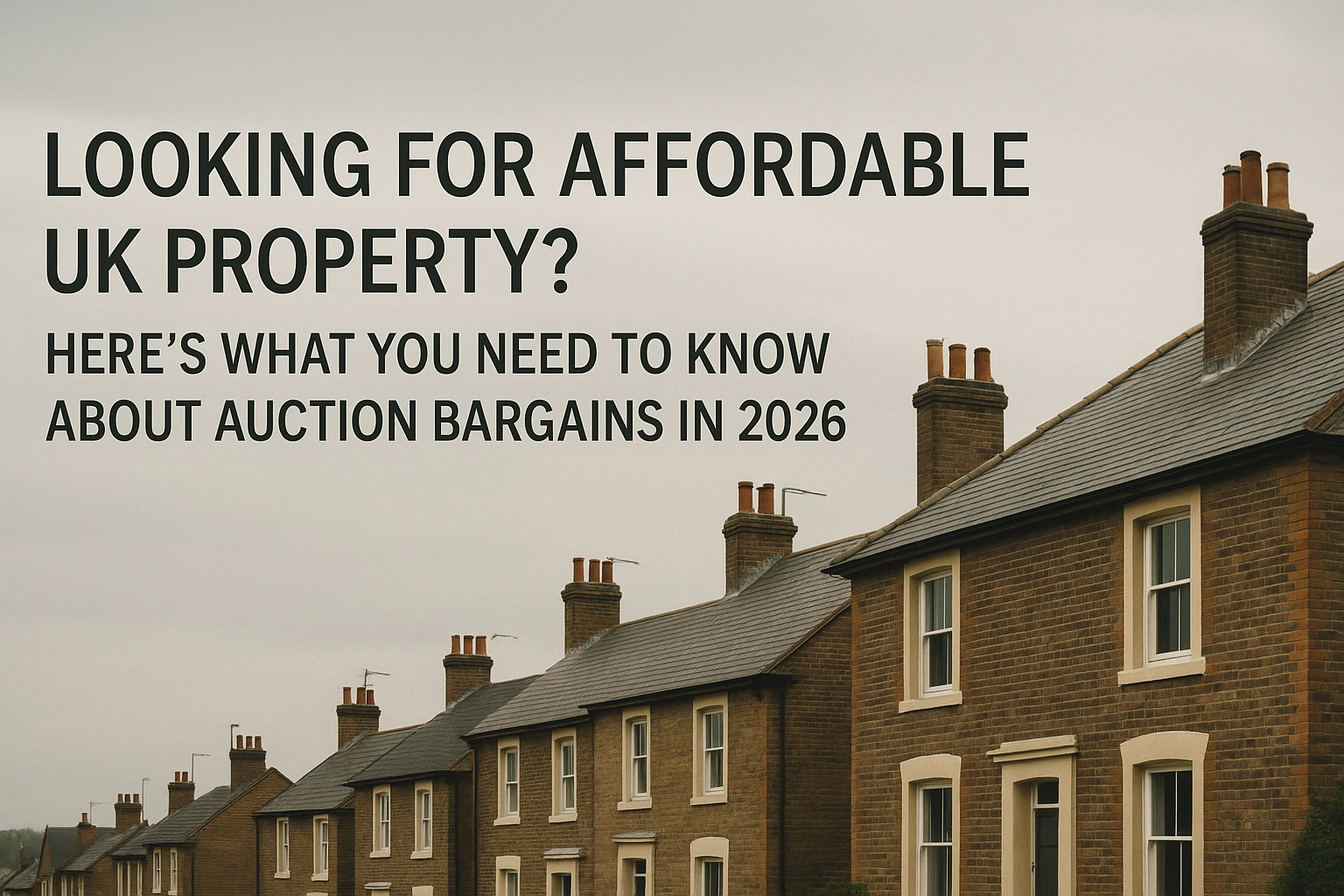 Property for sale Row of traditional British terraced houses with a cloudy sky, overlaid with text about affordable UK property and auction bargains in 2026. Presented by Palace Auctions