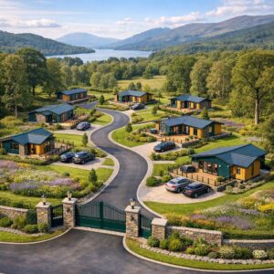 Property for sale A gated holiday lodge development near Loch Lomond features modern cabins with driveways and parked cars, surrounded by lush gardens, trees, and rolling hills, with a lake and mountains in the background under a partly cloudy sky. Presented by Palace Auctions