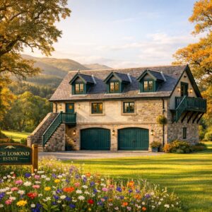 Property for sale A charming stone house with green doors and window frames sits amid lush lawns and wildflowers at Loch Lomond Estate. Sunlight bathes this peaceful scene, offering a unique opportunity near the Pirniehall Ancillary Garage. Presented by Palace Auctions