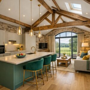 Property for sale A stylish barn conversion kitchen and living area with exposed wooden beams, stone walls, and large arched windows—perfect for a holiday apartment. Enjoy a kitchen island with green velvet barstools, modern lighting, and a cozy sitting area. Presented by Palace Auctions