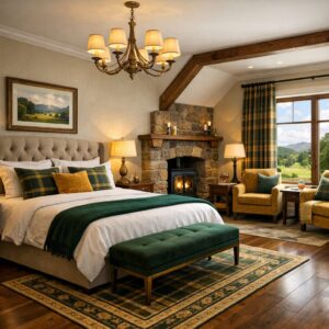 Property for sale A cozy, elegant 4-bedroom apartment features a tufted bed with green accents, a fireplace with stone surround, plush chairs by a large window, warm lighting, wood beams, and countryside views outside. Presented by Palace Auctions