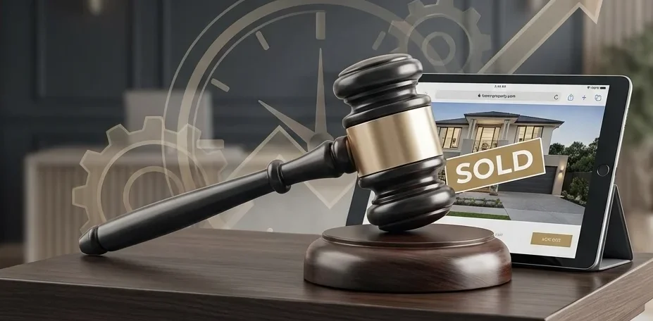 Property for sale A gavel and a tablet displaying a 