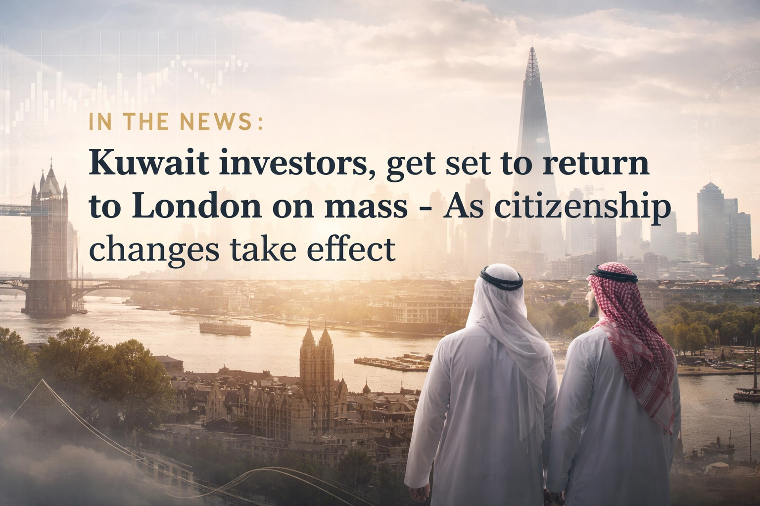 Property for sale Two men in traditional Middle Eastern attire overlook London’s skyline, with headline text: 