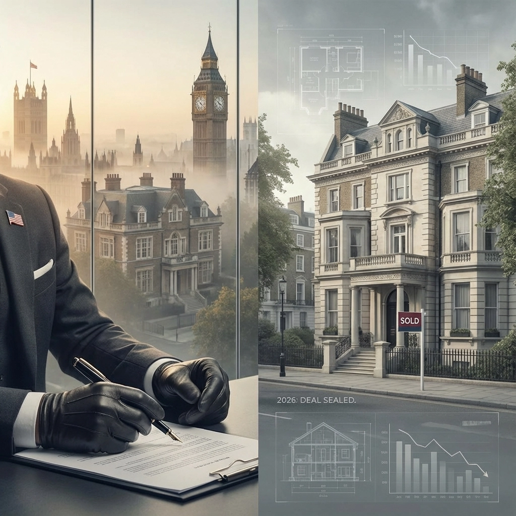 Property for sale A person in gloves signs documents at a desk with a London cityscape, including Big Ben, beyond; a 