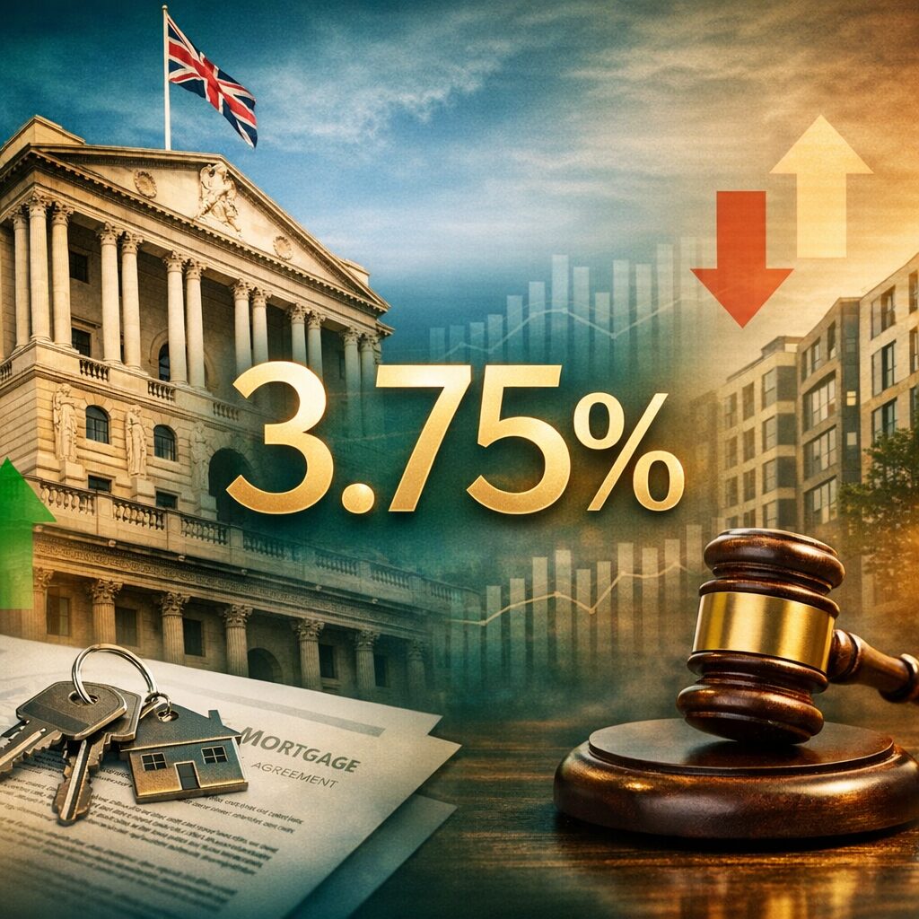 Property for sale A digital collage shows the Bank of England, a 3.75% Base Rate, a gavel, house keys with a mortgage agreement, and up and down arrows, representing changes in UK mortgage rates and the housing market. Presented by Palace Auctions