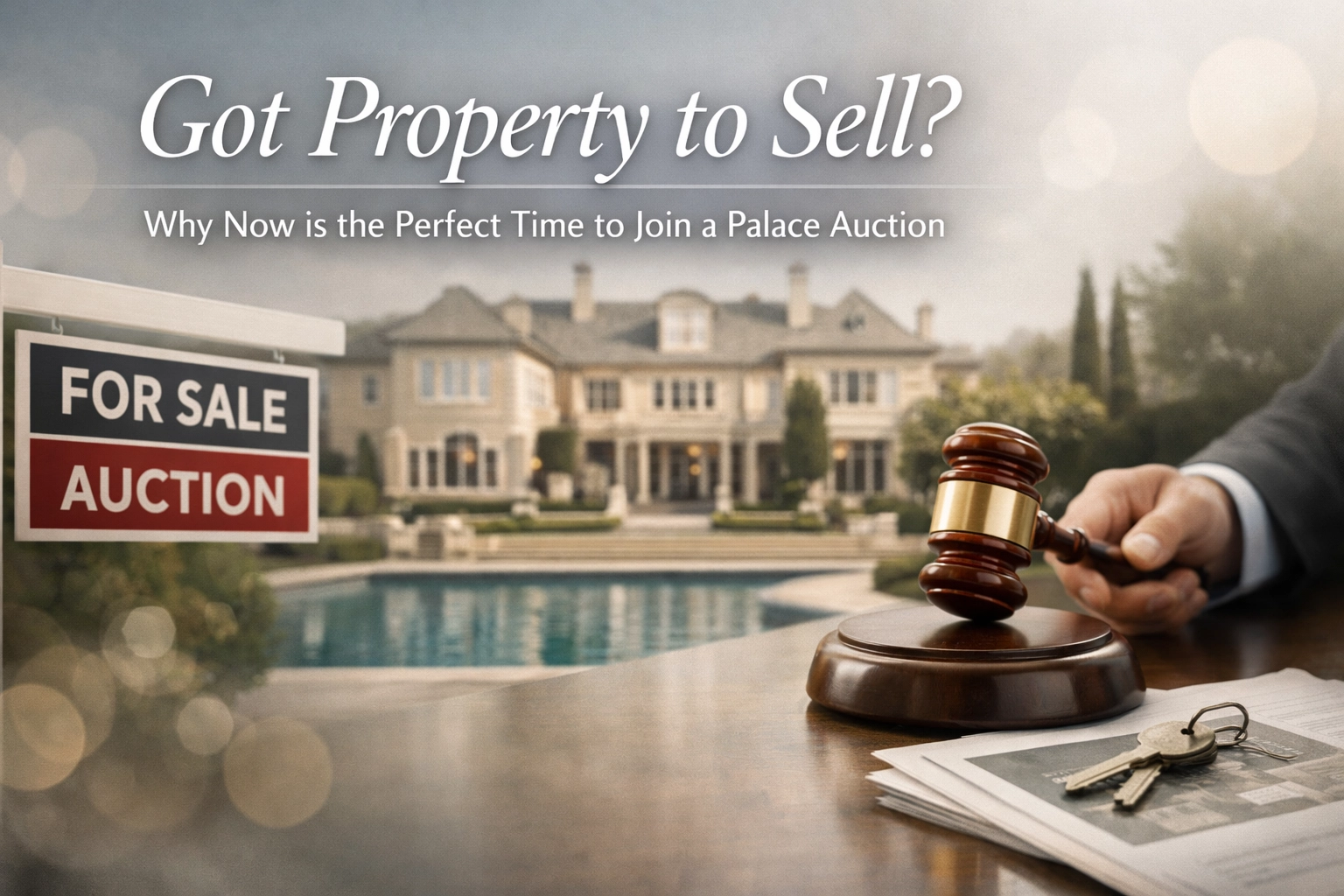 Property for sale A person holds a gavel near a house key and papers, with a luxury mansion, pool, and 