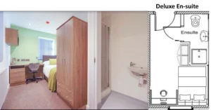 Property for sale A student bedroom with a bed, desk, chair, wardrobe, and green feature wall sits next to an en suite bathroom—ideal for Coventry PBSA Investment Auction opportunities. A floor plan details the bedroom and bathroom layout. Presented by Palace Auctions