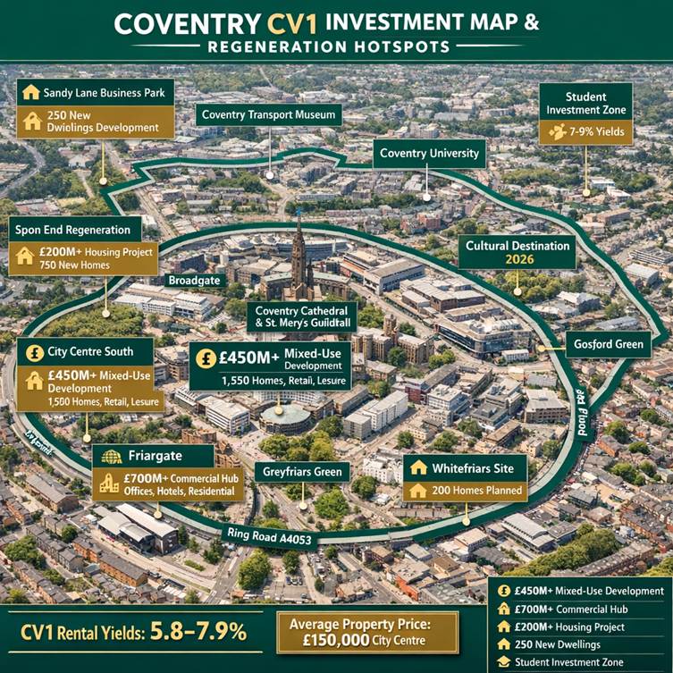 Property for sale A color-coded investment map of Coventry CV1 highlights key regeneration hotspots, commercial and housing development zones, major landmarks, and rental yields, encircling the heart of Coventry with icons and summary data. Presented by Palace Auctions