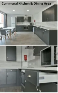 Property for sale Modern communal kitchen and dining area in a Coventry PBSA Investment Auction property, featuring grey cupboards, a dining table with chairs, oven, microwave, and other appliances on a wood-effect floor. The space looks clean and spacious. Presented by Palace Auctions