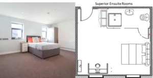 Property for sale A modern bedroom with a double bed, two bedside tables, and a wardrobe, shown beside a floor plan of the same room layout including a desk, en-suite bathroom, and windows—ideal for Coventry PBSA Investment Auction opportunities. Presented by Palace Auctions