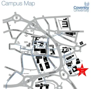 Property for sale Campus map of Coventry University in greyscale, highlighting various buildings and streets. A large red star at the lower right marks "We are here," ideal for visitors attending the Coventry PBSA Investment Auction on campus. Presented by Palace Auctions