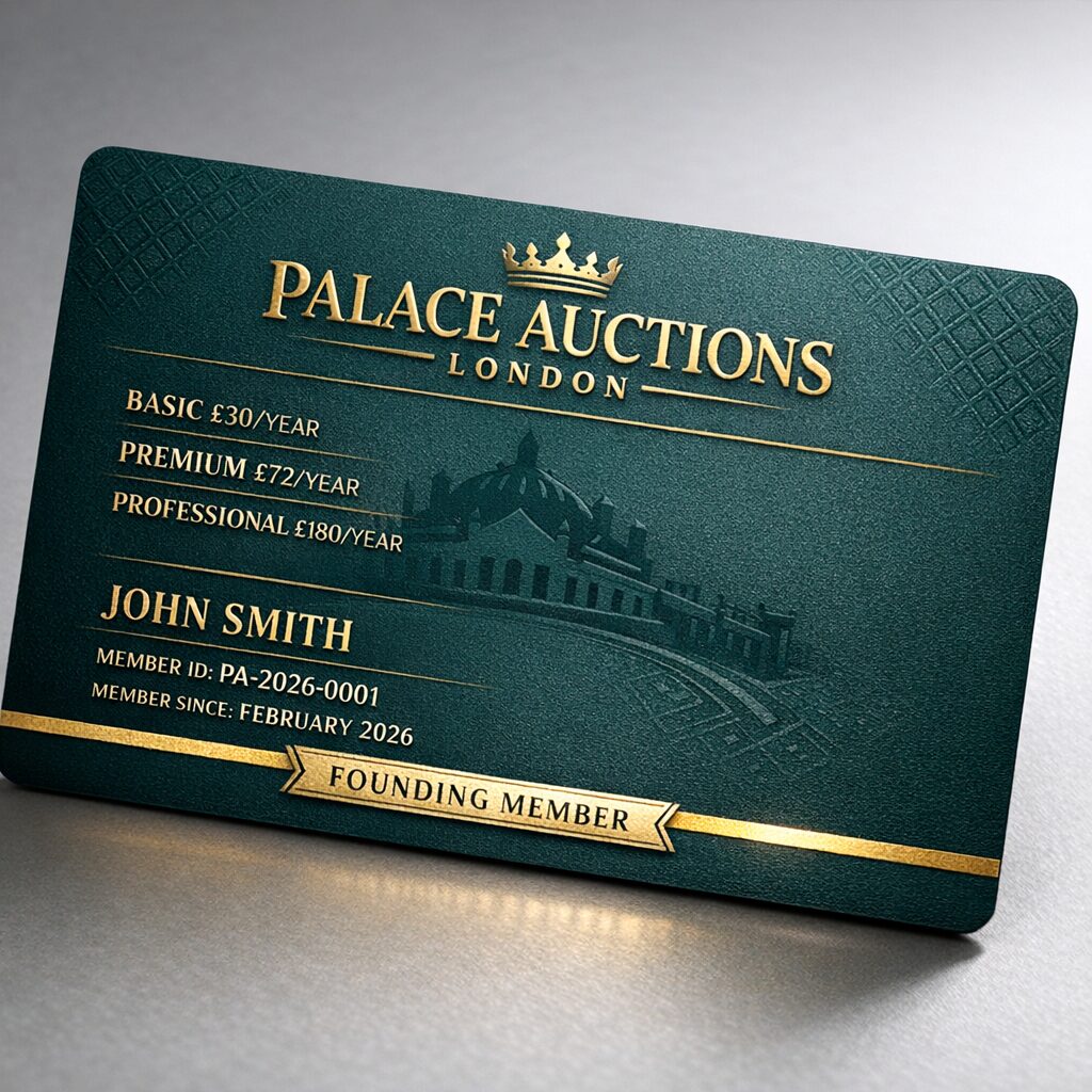 Property for sale A green and gold Palace Auctions London Membership card for 2026 displays three membership tiers, member name John Smith, ID PA-2026-0001, founding member status, and a palace illustration in the background. Presented by Palace Auctions