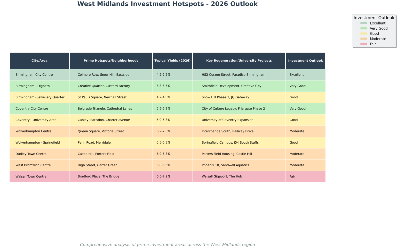 Property for sale Table ranking West Midlands city areas for 2026 investment outlook, highlighting prime hotspot neighbourhoods, typical yields, Student Property Auction guides, key regeneration projects, and ratings from “Very Good” to “Fair” with coloured indicators. Presented by Palace Auctions