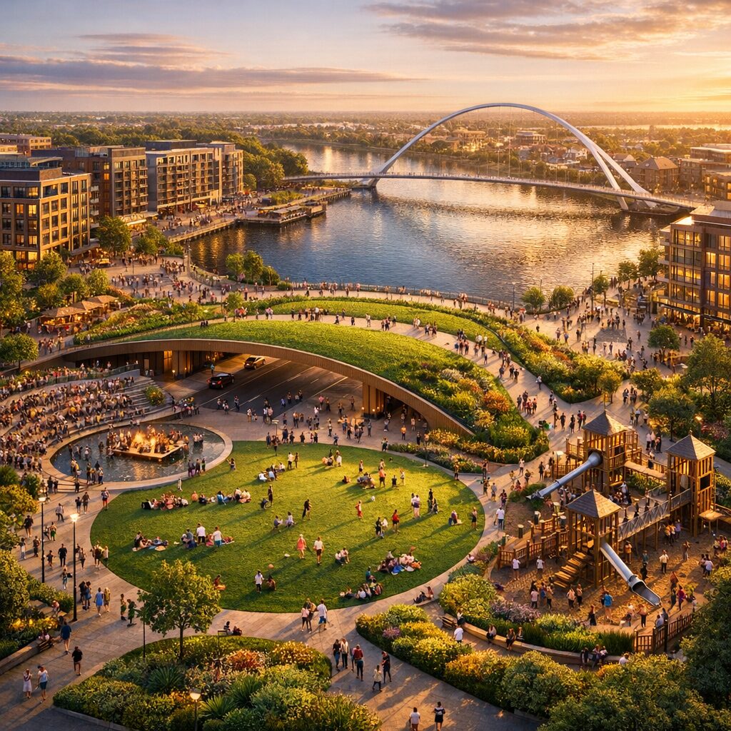 Property for sale A vibrant riverside park at sunset with a large grassy lawn, modern playground, curved green-roofed terrace, and people relaxing—a perfect example of attractive spaces supporting the growing Stockton property investment opportunities nearby. Presented by Palace Auctions