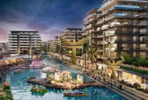 Property for sale A modern waterfront residential complex, Capri 2 at DAMAC Riverside Views features multi-storey buildings, a large central canal, lush landscaping, decorative lights, and people boating and walking for a lively, luxurious urban atmosphere at dusk. Presented by Palace Auctions