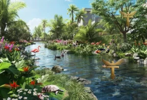 Property for sale A lush tropical garden with a stream, colourful flowers, flamingos, ducks, cranes, a tortoise, and tropical plants; modern luxury townhouses and a gold bird logo are visible in the background of this Maldives Cluster at DAMAC Islands. Presented by Palace Auctions