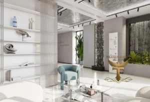 Property for sale Modern office lobby with white walls, a glass coffee table, light chairs, chic decor on a bookcase, indoor plants, and a bold "TRANSPARENCY REAL ESTATE" logo—perfect for those seeking luxury living in Jumeirah Village Circle or a Dubai smart home property. Presented by Palace Auctions