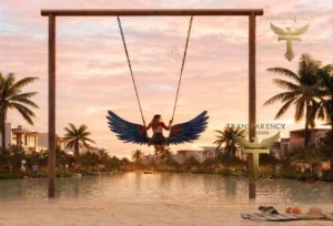 Property for sale A woman with colourful wings sits on a swing over a calm waterway near Luxury Townhouses, surrounded by palm trees and modern houses at sunset in the Maldives Cluster of DAMAC Islands. The Transparency Real Estate logo appears twice on the image. Presented by Palace Auctions
