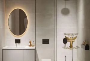 Property for sale Modern bathroom with light grey walls, a round backlit mirror above a basin, a glass shower, and neatly arranged toiletries—showcasing the elegance of Ra1n Residence JVC apartment. The "Transparency Real Estate" logo appears in the lower right corner. Presented by Palace Auctions