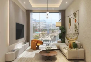 Property for sale A modern living room with large windows, a beige corner sofa, an orange chair, abstract art, and a cityscape view featuring Dubai Investment Park. A decorative logo is overlaid on the image for DAMAC Riverside waterfront flat. Presented by Palace Auctions