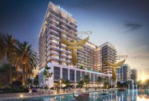 Property for sale Modern high-rise buildings with the "DAMAC" logo, illuminated at dusk. Palm trees, people walking, and decorative boats in a water feature enhance Capri 2’s lively, luxurious atmosphere and offer stunning DAMAC Riverside Views. Presented by Palace Auctions