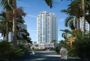 Property for sale A modern high-rise block of flats, like Ra1n Residence JVC flat, is surrounded by palm trees with people walking along the path; blue sky and skyscrapers rise behind. The "INSPARENCE REAL ESTATE" logo highlights this top Dubai smart home property. Presented by Palace Auctions