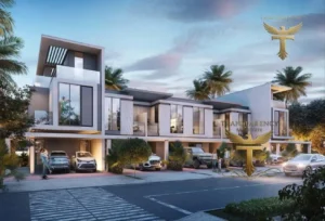 Property for sale Modern two-storey luxury townhouse with large windows, balconies, and carports with several parked cars, surrounded by palm trees and greenery in the exclusive DAMAC Islands Maldives Cluster. The logo “TRANSPARENCY REAL ESTATE” appears twice on the image. Presented by Palace Auctions