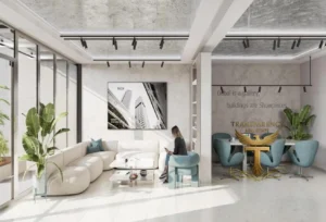 Property for sale A modern, bright living room in a Ra1n Residence JVC flat features large windows, a white sofa, blue chairs, and green plants. The wall displays cityscape art and the phrase "Dubai is a gallery, buildings are Showpieces. Presented by Palace Auctions