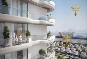 Property for sale Modern luxury apartment building with curved glass balconies, people relaxing on terraces, city skyline in the distance. "Transparency Real Estate" logo with a golden eagle in the sky and bottom right corner. Located in Jumeirah Village Triangle, Dubai. Presented by Palace Auctions