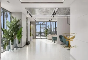 Property for sale A modern, bright lobby with large windows, green potted plants, stylish seating, and marble accents—perfectly reflecting luxury living Jumeirah Village Circle. The "Transparency Real Estate" logo with a golden eagle appears on the right side. Presented by Palace Auctions