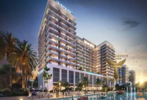 Property for sale Modern high-rise buildings with balconies overlook a waterfront flat scene with palm trees, people walking, and fountains at sunset. The buildings are brightly lit, and a gold logo for Transparency Estate is visible in the lively atmosphere. Presented by Palace Auctions