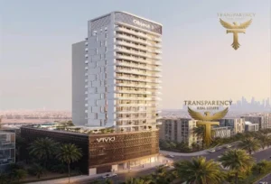 Property for sale A modern high-rise labelled "Object 1" and "VIVO" rises in Jumeirah Village Triangle, Dubai, amid palm trees and city streets. The Transparency Real Estate logo is shown twice, with luxury flats overlooking the skyline. Presented by Palace Auctions