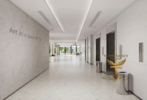 Property for sale A modern, well-lit corridor in a luxury JVC smart flat features lifts on the right, light floors and walls, and "Art as a space for life" displayed on the left. Large windows at the end reveal plants and natural light. Presented by Palace Auctions