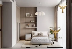 Property for sale Minimalist modern bedroom in a luxury flat with a white bed, light wood accents, floating shelves, rug, and floor-to-ceiling curtains. Natural light fills the space; decor includes plants, books, and a unique chandelier. Presented by Palace Auctions