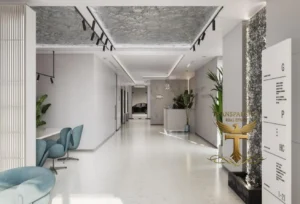 Property for sale Modern office lobby with white walls, sleek furniture, potted plants, and a large directory board. Natural light fills the minimalist space—perfect for Ra1n Residence JVC flat or those seeking Dubai smart home property. A gold logo is visible in the foreground. Presented by Palace Auctions