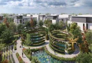 Property for sale A landscaped garden with circular green trellises, a pond with lily pads, and walking paths offers tranquil DAMAC Riverside Views, set against modern white buildings in Dubai Investment Park under a partly cloudy sky. Presented by Palace Auctions