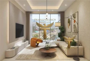 Property for sale Modern living room with a large window, neutral-toned furniture, green and orange chairs, wall art, TV, and indoor plants. "TRANSPARENCY REAL ESTATE" with a gold eagle logo appears on the glass, offering chic DAMAC Riverside Views from Capri 2. Presented by Palace Auctions