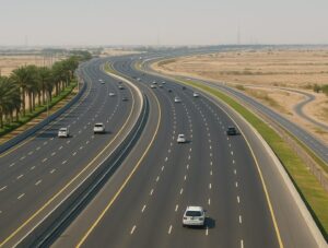 Property for sale A wide, multi-lane motorway with light traffic runs through a desert landscape near DAMAC Islands. Palm trees line one side of the road, while sandy terrain and sparse vegetation stretch into the distance under a hazy sky. Presented by Palace Auctions