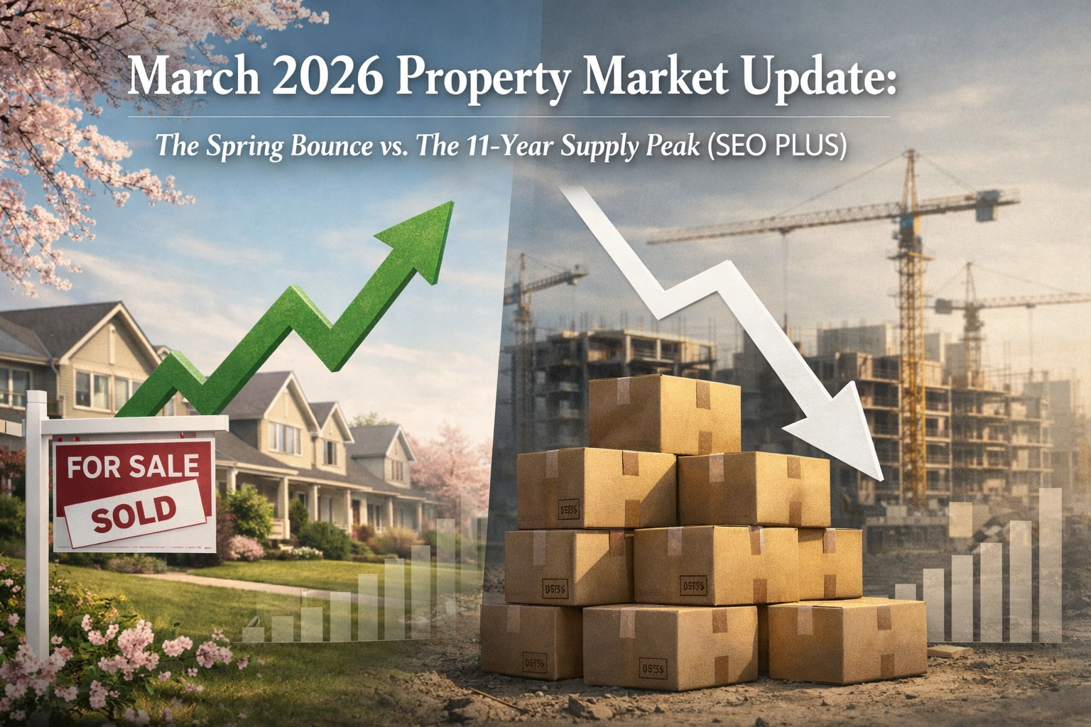 Property for sale A split image shows sold suburban homes with an upward green arrow on the left, and stacked cardboard boxes beside construction cranes with a downward white arrow on the right. Text reads, “March 2026 Property Market Update.”. Presented by Palace Auctions