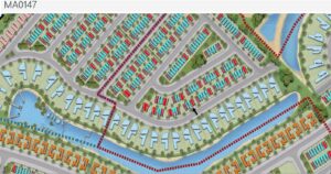Property for sale A colourful, detailed map of a residential neighbourhood labelled MA0147 features winding roads, dotted red boundary lines, and highlights the Maldives Cluster with luxury townhouses along scenic waterways and green spaces in DAMAC Islands. Presented by Palace Auctions