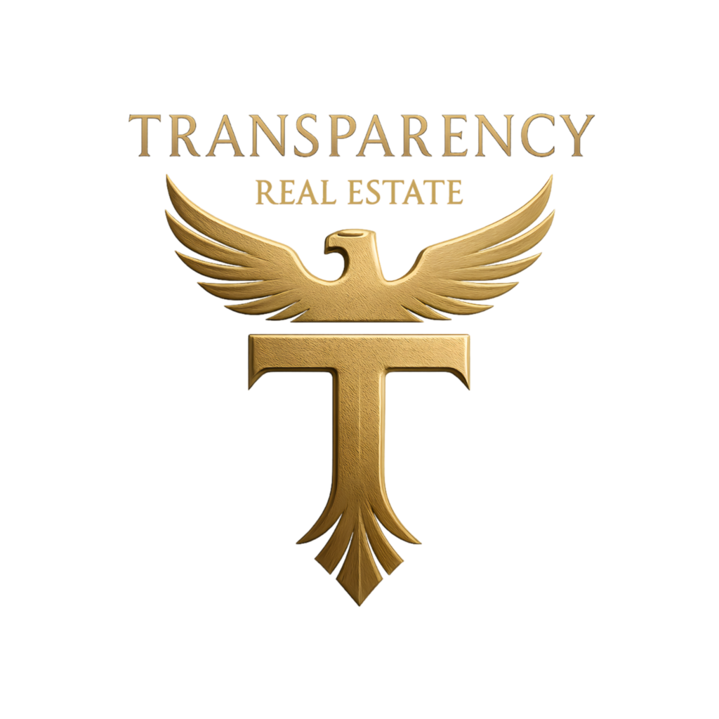 Property for sale Gold logo featuring a stylised eagle with outspread wings above a large “T.” The words “TRANSPARENCY REAL ESTATE” appear above in gold capitals, reflecting luxury living Jumeirah Village Circle on a white background. Presented by Palace Auctions