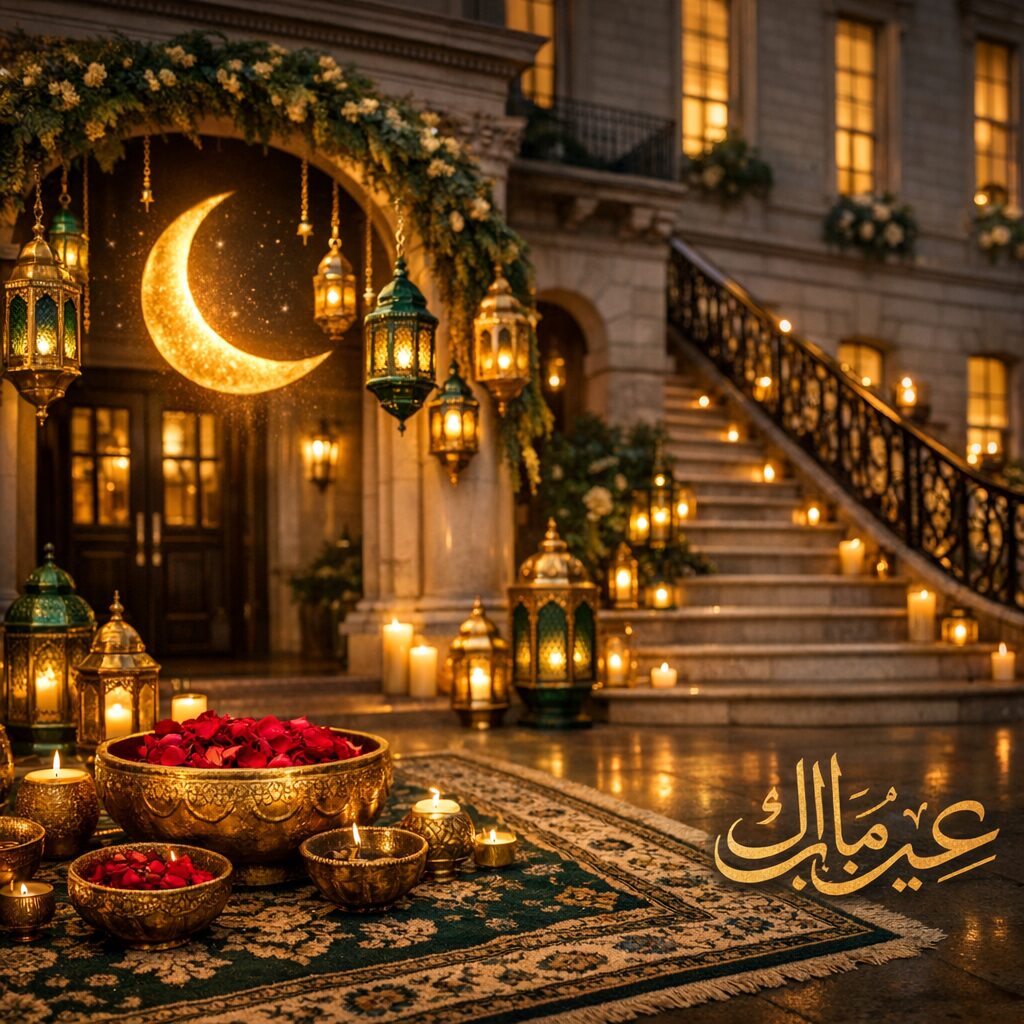 Property for sale A luxurious courtyard decorated with lanterns, candles, and a crescent moon sets the scene for an Eid Mubarak celebration London auctions. Ornate gold bowls of rose petals rest on a patterned rug. Arabic text reads "Eid Mubarak" in the lower right corner. Presented by Palace Auctions